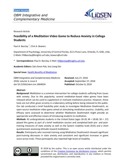 Cover of the Meditation Video Game feasibility study